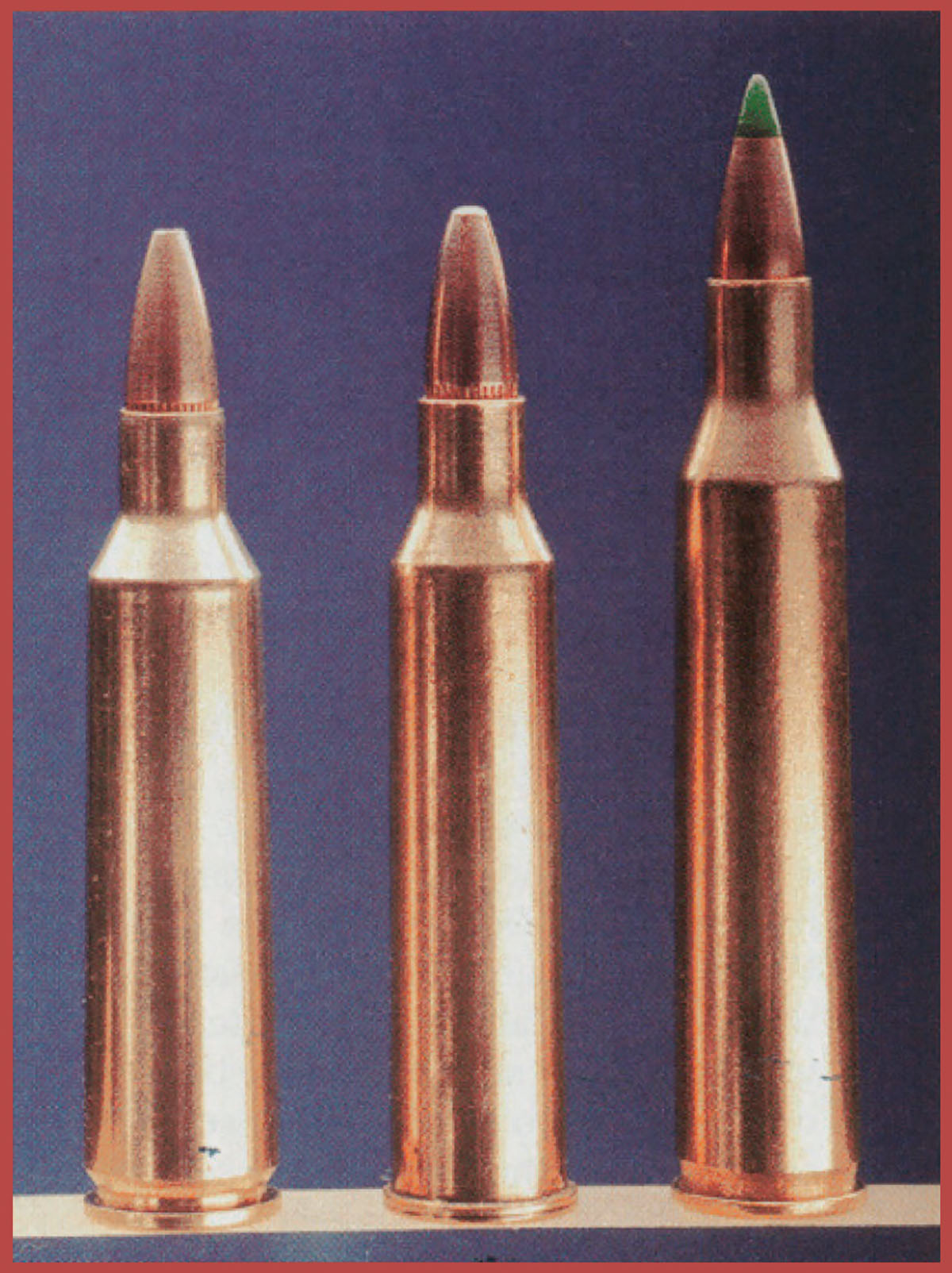 Left to right, the .22-250 Remington, .225 Winchester and the .220 Swift are shown for comparison.